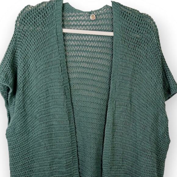 Margaret O'Leary SZ S 100% Cotton Green Open Knit Cardigan With Fringe - Picture 3 of 7